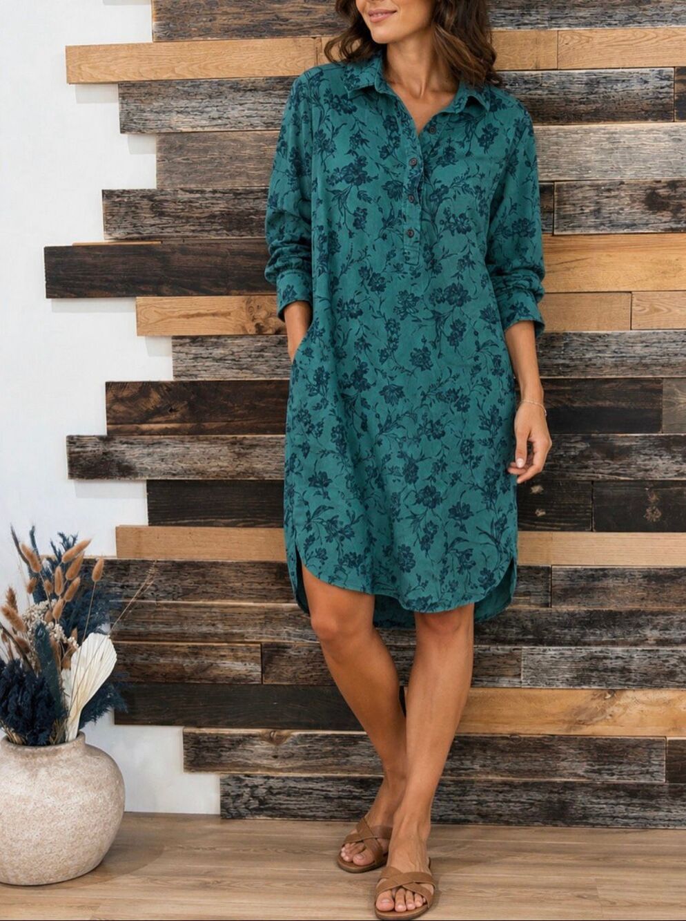 Rosso35 green floral print shift dress boho lagenlook Italy sz 48 US fit sz L
